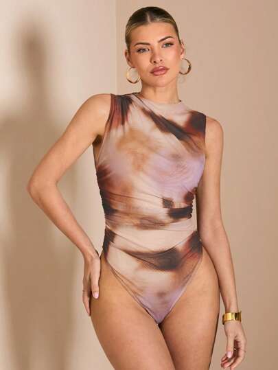 SHEIN BAE Body de mujer con estampado de teñido anudado, plisado y asimétrico, para primavera/verano