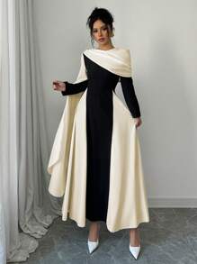 Rafferiza Vestido elegante de mujer con cuello redondo, mangas extra largas fluidas y bloque de color con pliegues - Albaricoque - Ver 6