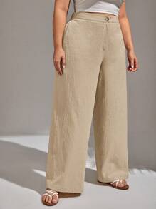 SHEIN VCAY Plus Size Solid Color High Waist Leisure Pants - Camel - View 2