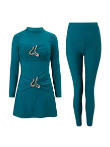 Swim Mulvari Women Conservativeand Fashionable Long Sleeve Top And Pants Peacock Blue Burkini Set, For Summer Beach Vacation - Teal Blue - View 6