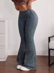 SHEIN ICON Women's Toothpick Design Flare Leg Casual Jeans, Versatile - Medium Wash - View 3