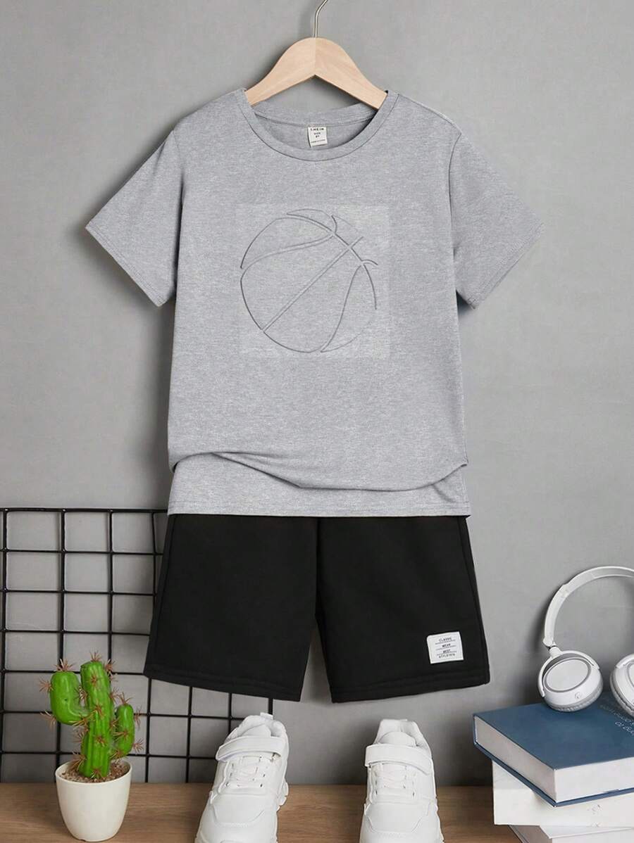 SHEIN Tween Boys' Casual Comfortable Round Neck Embossed Short Sleeve T-Shirt And Shorts Set - Light Grey - View 1