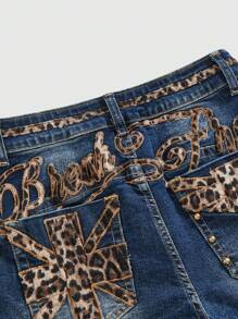 ROMWE Grunge Punk Damen Kpop Y2K Leopard Muster bestickte Super Tief Taillierte Mini Denim Shorts, für Musikfestivals/Konzerte - Blau - Übersicht 4
