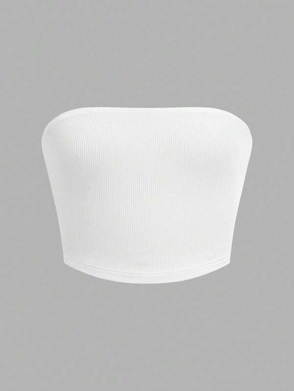 Tween Girl White Ribbed Fabric Simple & Comfortable Solid Color Tube Top Bra