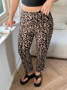 SHEIN EZwear Plus Size Women's Leopard Print Toothpick Design Casual Pants - Rust Brown - View 3