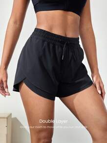 GLOWMODE Quần short cạp cao nhiều lớp VitalSwift 4,5" nhẹ có quần lót tích hợp, dây rút có thể điều chỉnh, mặc hàng ngày, mùa hè, nhanh khô, thấm hút mồ hôi, chống mùi hôi - màu đen - Xem 4