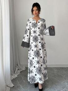 Yasmyna 女士宽松编织印花长袖对比色材质阿拉伯连衣裙