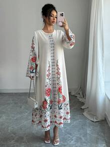Yasmyna Women's Woven Print Long Sleeve Loose Arabian Dress - Apricot - View 6