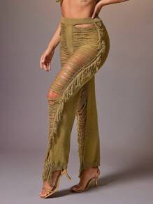 Denimoi Solid Open Front Sexy Fringe Knit Pants - Multicolor - View 1
