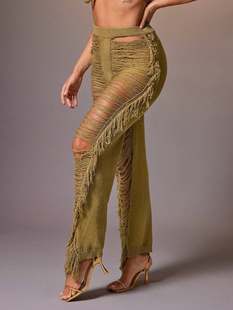 Denimoi Solid Open Front Sexy Fringe Knit Pants - Multicolor - View 1