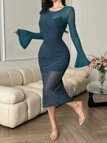 DAZY 新品秋季优雅网眼透视浪漫约会连衣裙优雅荷叶边 - 棕色 - 查看 1