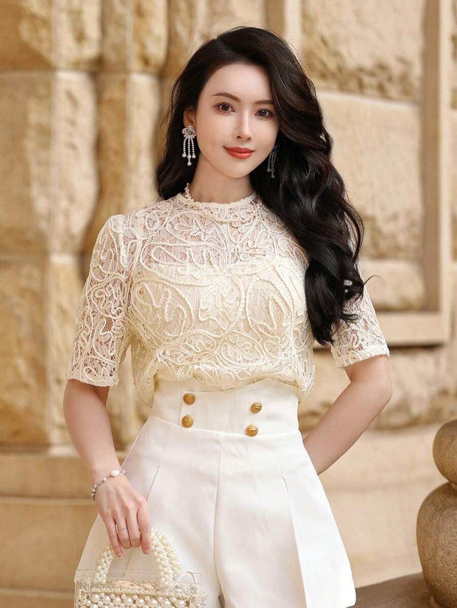 DAZY Áo thun tay ngắn phong cách Bohemian thanh lịch dành cho nữ, hàng mới về mùa hè - Màu be - Xem 1