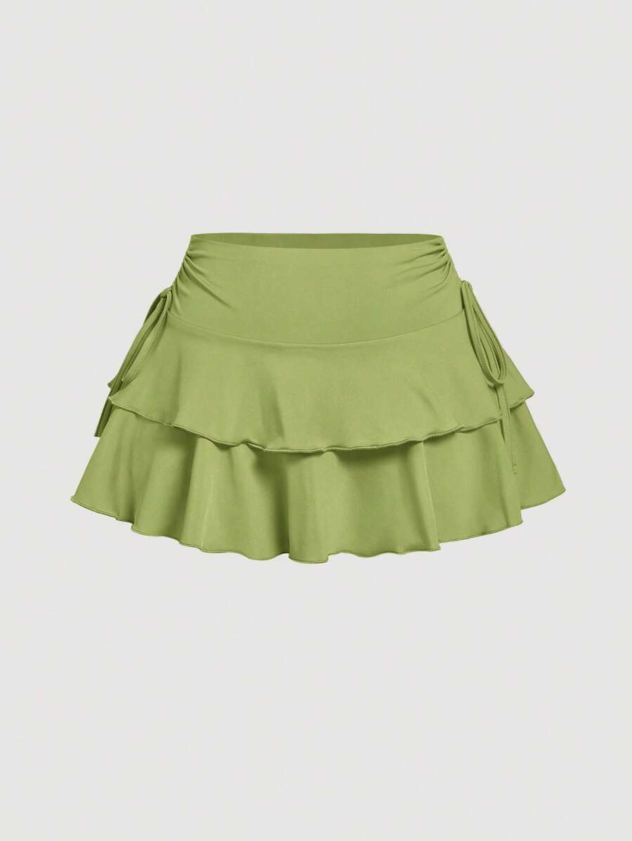 SHEIN MOD Drawstring Waist Pleated Waist Cake Skirt, Solid Color Simple Fashion Casual Daily - Green - View 1