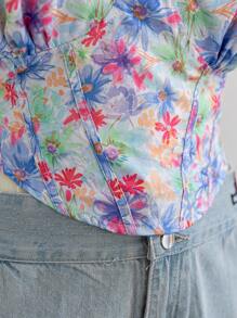 Soleia Plus Size Asymmetrical Floral Print Spaghetti Strap Camisole Top, Vintage Painting Style, Romantic & Casual For Vacation - Green - View 5