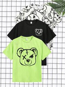 SHEIN Leap Crew 3pcs/Set Teenage Boys Casual Bear Print Short Sleeve T-Shirts - Green - View 1