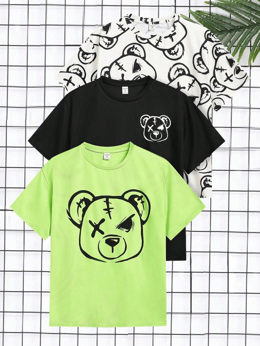 SHEIN Leap Crew 3pcs/Set Teenage Boys Casual Bear Print Short Sleeve T-Shirts - Green - View 1