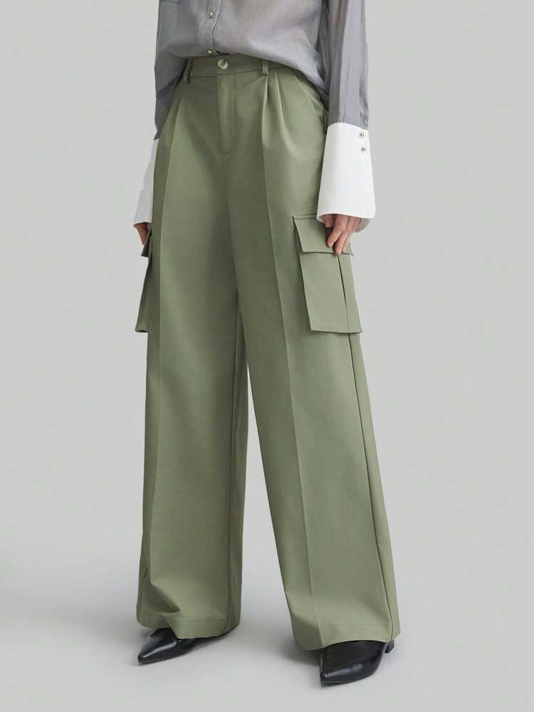 Vintage Style Casual Outdoor Avocado Green Women's Straight Leg Pants With 3D Pockets, Urban Spring/Summer Trousers