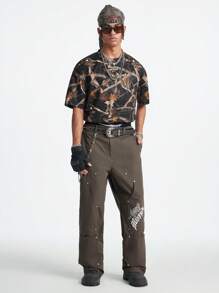 Manfinity VCAY 男士数码印花宽松针织短袖 T 恤 - 棕色 - 查看 7