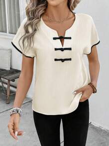 SHEIN LUNE Women's French Style Contrast Color Trim Shoulder Dolman Sleeve Button Decor Casual Fitted Blouse, Suitable For Daytime Casual, Holiday, Travel, Retro Vintage - Apricot - View 4