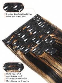 10 piezas/set 160g extensiones de cabello humano natural con onda y reflejos, ondas rizadas de color negro mezclado con marrón, extensiones de cabello con clips - SNATURAL/27 - Ver 6