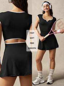 VARSITIE V-Neck Mini Bodycon Short Sleeve Dress - Black - View 1