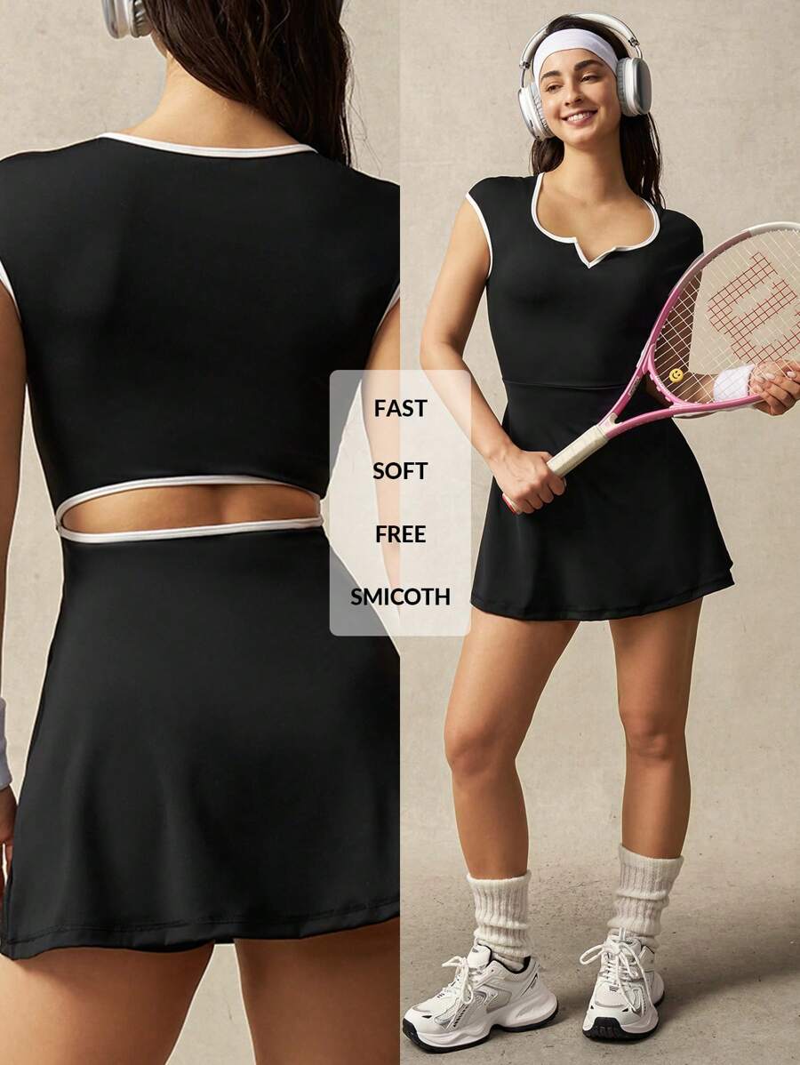 VARSITIE V-Neck Mini Bodycon Short Sleeve Dress - Black - View 1