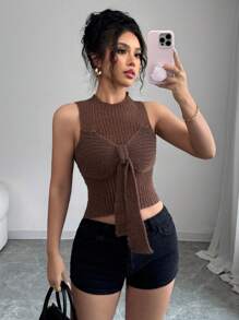 Chiquease Nueva Top de punto transparente con escote halter, sin mangas, con moño, ajustada, para primavera/verano