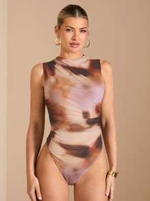 SHEIN BAE 女士扎染褶皱不对称扎染印花紧身连衣裤，春夏 - 卡其色 - 查看 7