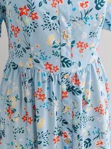 Soleia WYWH Holiday Pastoral Romantic Multi-Color Floral Puff Sleeves Front Button-Down Square Collar Plus Size Dress Long