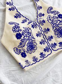 Soleia 2 件套：杏色背景蓝色花卉刺绣露背短款上衣，带后系带和 A 字迷你裙，度假装 - 藍色 - 查看 3