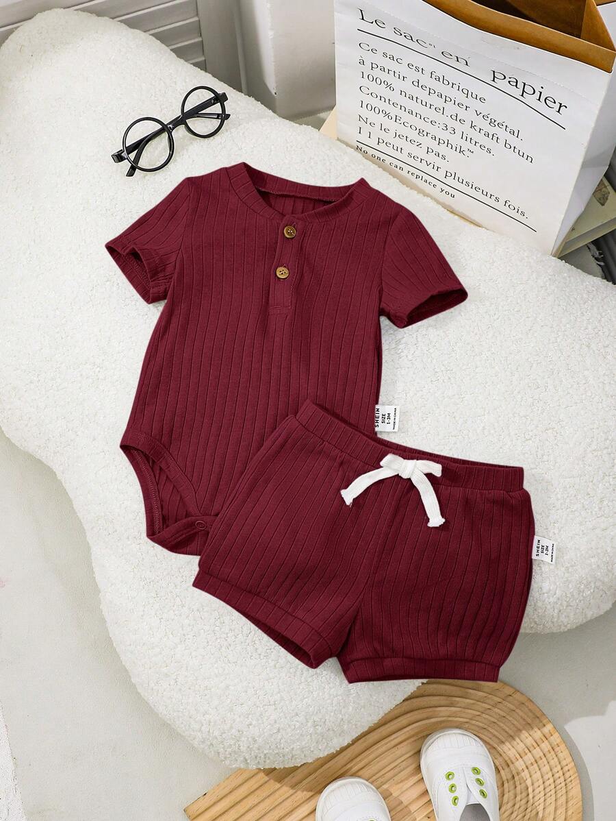 SHEIN Newborn Baby Boy/Girl Soft And Comfortable Short Sleeve Bodysuit With Shorts Set