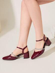 CUCCOO CHICEST Women's Chunky Heel Pointed Toe Strap High Heels - Burgundy - View 5