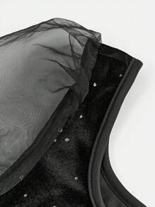 SHEIN Leap Crew Tween 女童网眼拼布天鹅绒透明长袖高领优雅连衣裙 - 黑色 - 查看 4