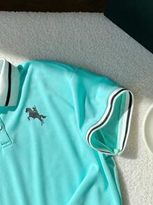 SHEIN 1 Piece Young Boy Casual Sports College Artistic Style Retro Japanese And Korean Loose Version With Contrast Color Flat Machine Green Polo Shirt Suitable For Back To School Suitable For Birthday Parties, Evening Parties, Performances, Weddings, Baptisms, Opening Ceremonies Daily Suitable For Daily Use Suitable For School Suitable For Travel Suitable For Sports Suitable For Spring And Summer Seasons - Green - View 4