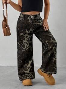 SHEIN Explorewe 年轻女孩休闲豹纹洗水牛仔直筒牛仔裤，时尚百搭 - 軍綠色 - 查看 6