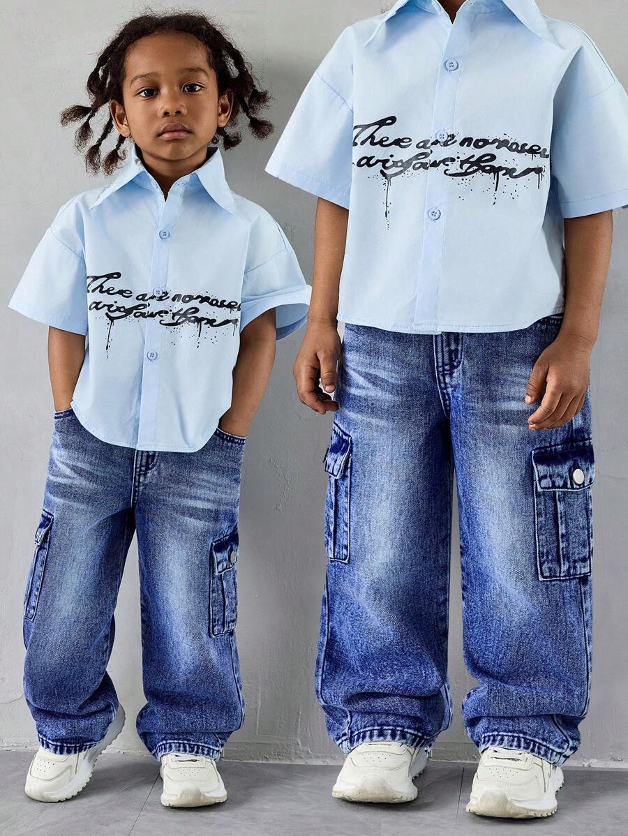 Young Boys' Casual Denim Jeans, Fashionable Utility Straight Leg Washed Blue Jeans, All Season - Dark Wash - View 1