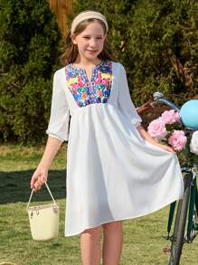 Mädchen Boho Blumen V-Ausschnitt besticktes Urlaubskleid, geeignet für Outdoor, Strand, Alltagstragen - Weiss - Übersicht 5