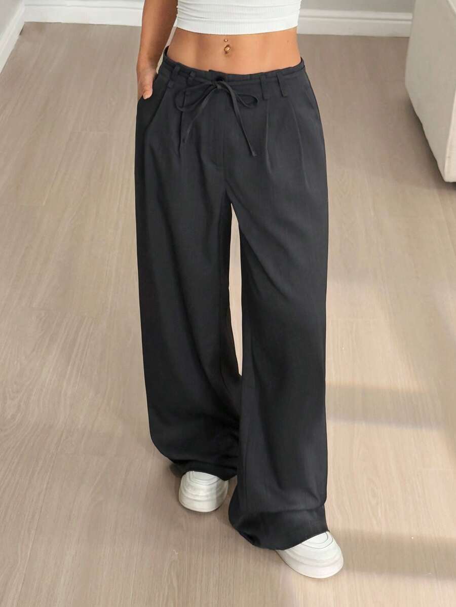 Flirla Casual Solid Color Wide Leg Low Waist Suit Pants - Grey - View 1