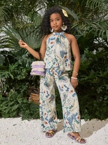 SHEIN Leap Crew Tween Girls Vacation Casual Floral Halter Top & Wide Leg Pants Set, Mommy And Me Matching Outfits (2 Sets Sold Separately) - Green - View 2