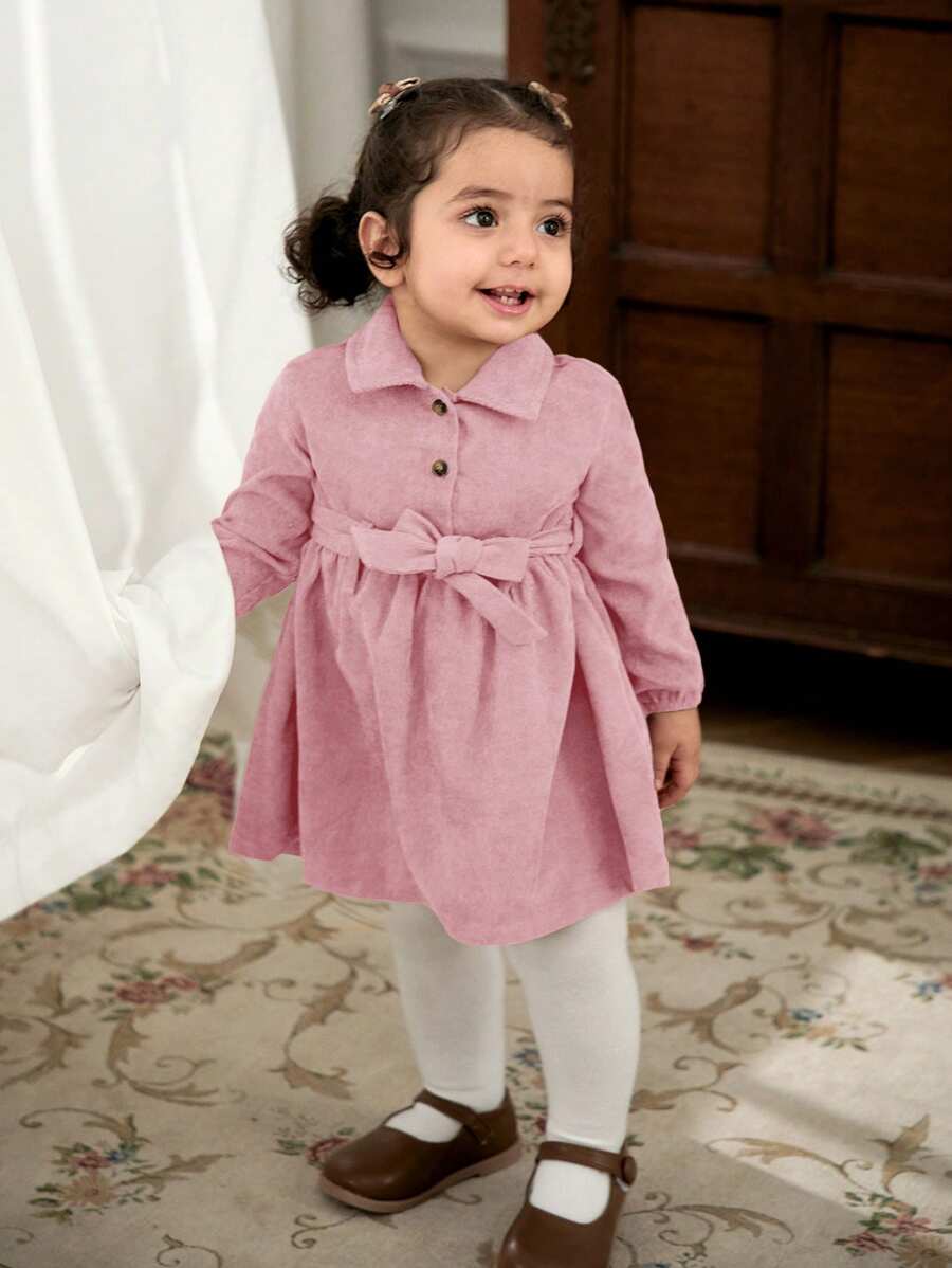 Cozy Pixies Baby Girl Solid Color Casual Versatile Lapel Partially Buttoned Lantern Sleeve Cinched Waist Dress - Pink - View 1