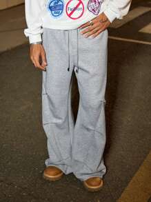 PAVTROS Manfinity Streetrush Manfinity Streetrush Casual American Design Flared Leg Loose Fit Sweatpants, Versatile,Boyfriend Gifts, Sweatpants Men S, Men Baggy Sweats, Men Men Sweatpants - Grey - View 3