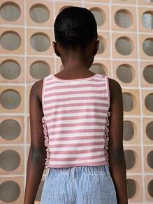 SHEIN Young Girls Floral Embroidered Pink Striped Ruffled Tank Tops & Camis, Casual Everyday Style