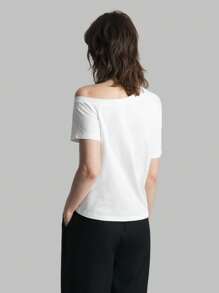 Ontre Women's Solid Color Asymmetric Collar Short Sleeve Casual T-Shirt, Summer