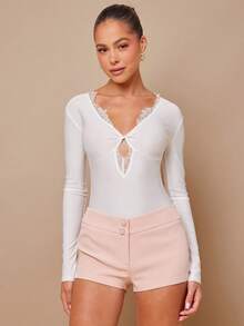 L'Amorae Women's Lace Heart Cutout White Bodysuit, Minimalist Elegant Casual Everyday Wear - White - View 5