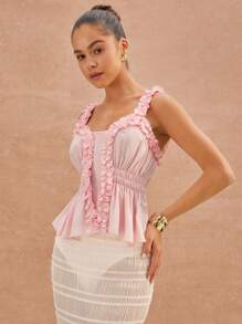 L'Amorae Elegant Spring Summer Vacation Ruffle Detail Pasted Pink Color Sleeveless Sheer Smocked Chiffon Top, Summer For Women - Pink - View 3