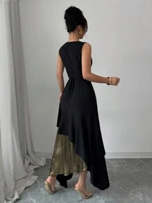 Elenzga V 领无袖腰部收紧优雅撞色荷叶边不对称下摆连衣裙 - 黑色 - 查看 2