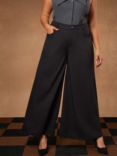 Hauture Pantalones anchos elegantes de color negro para mujer de talla grande, ropa de mujer, moda sencilla para uso diario casual, para citas, conciertos, actuaciones, fiestas, clubes, festivales de música