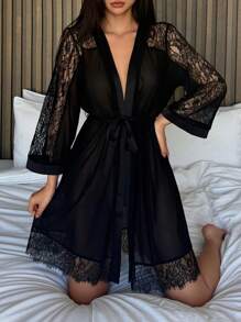 DAZY 女士性感半透明网眼蕾丝边睡袍 - 黑色 - 查看 6