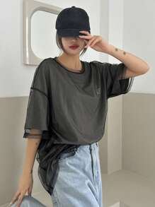 DAZY Loose Casual Mesh Layering Women T-Shirt, Minimalist Fashion For Everyday Oversized T-Shirt