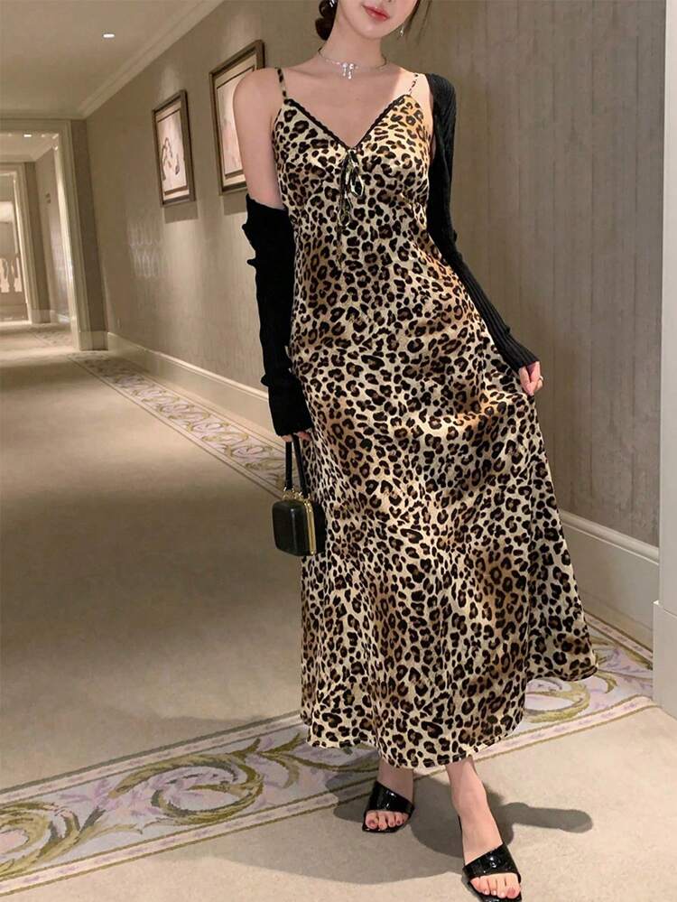 Women Leopard Print Casual Strap Midi Dress Sundress